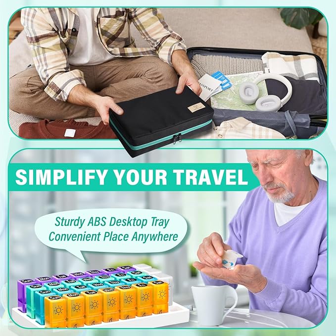 Monthly Pill Organizer 2 Times a Day, 2-in-1 for Home & Travel, 31 Day Pill Box AM PM with Cutter & Travel Bag, Portable Soft One Month Pill Box with Weekly Stickers for Medication & Vitamins