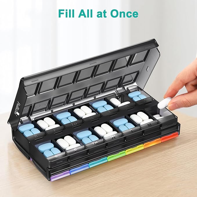 Fullicon Large-Capacity Pill Organizer 2 Times a Day, Fast-Refill Medicine Pill Organizer, Pill Box, Travel Pill Box, Medicine Organizer, AM PM Weekly Pill Case (Black Rainbow) Patent Pending