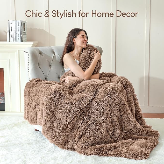 Cottonblue Weighted Blanket 15 lbs for Adults Queen Size, Luxury Sherpa Faux Fur Reversible Plush Weighted Blankets Throw 60x80 in, Snugly Long Fur Warm Heavy Blanket for Couch Sofa Bed, Brown/Khaki