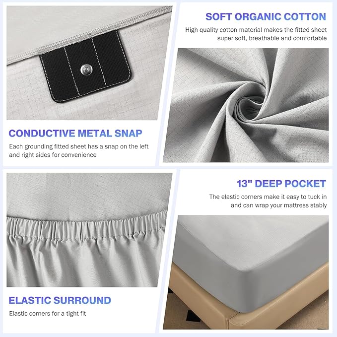 Grounding Sheets California King Size,Earth Grounded Fitted Bed Sheet 10% Pure Silver Fiber + 90% Organic Cotton, Bed Grounding Kit with grounding Cord for Improved Sleep & Wellness(Gray,80"x72"x15")