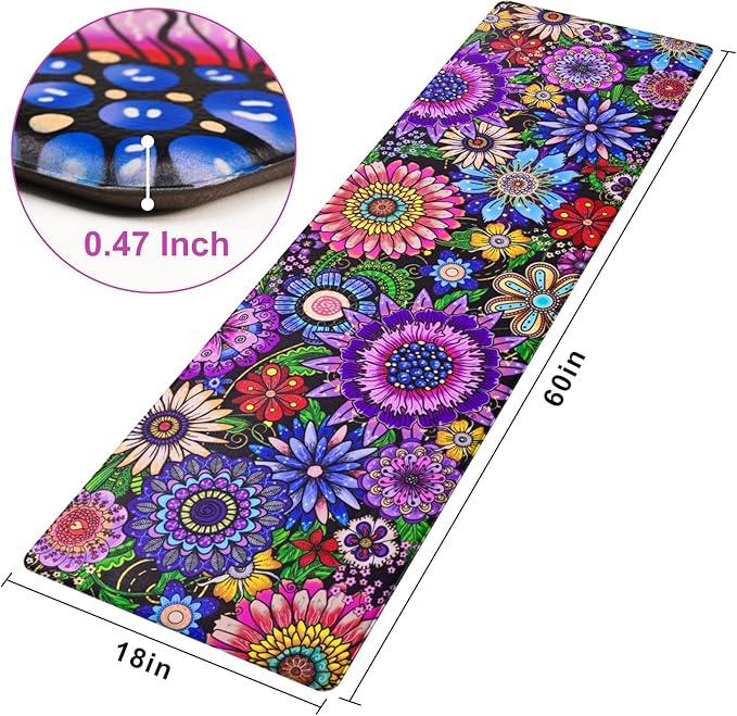 Likiyol Boho Kitchen Rugs Boho Floral Anti Fatigue Kitchen Mat for Floor Bohemian Flowers Non Slip Washable Kitchen Floor Mats, Comfort Standing Mat for Sink, Laundry, 18''x60'', 0.47" Th, Purple
