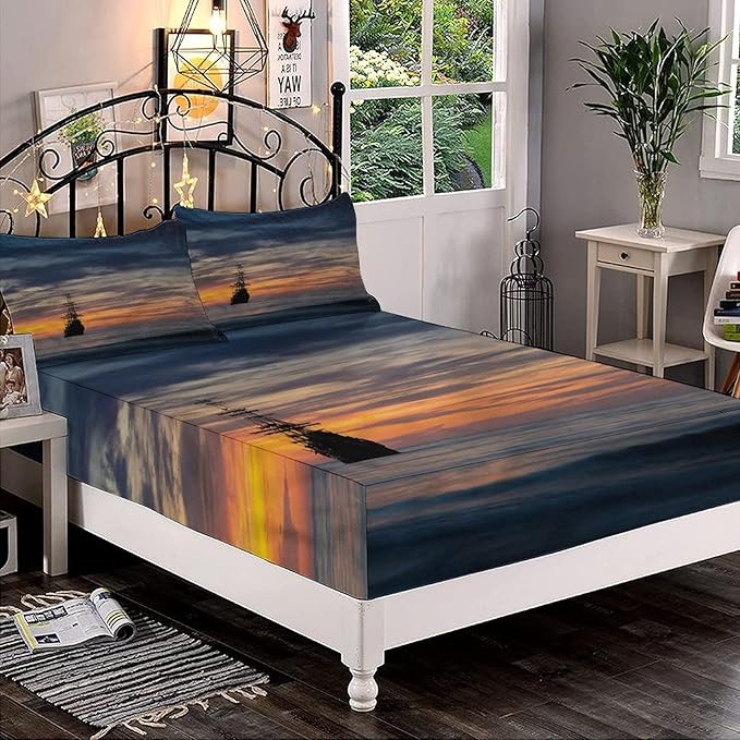 Decorative Fitted Sheet Set Full Size, Nautical Deep Pockets Fitted Sheet & 2 Pillow Sham Set(No Flat Sheet), Ocean Sunset Dramatic Sky Printed Microfiber Bedding 3pc Set, for Kids & Adults Bedding