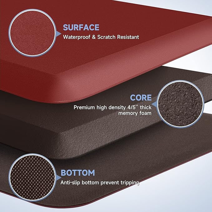4/5 Inch Thick Kitchen Mats for Floor, StepRite Kitchen Rug for Standing Desk, Non-Slip, Thicker, Stain & Water Resistant, Comfort Anti Fatigue Floor Mat for Home, Kitchen, Office - Red,32 * 20''