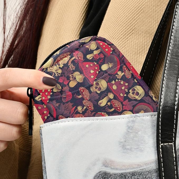 Fustylead Red Amanita Mushrooms Fall Leaves and Skulls Travel Pill Organizer Case Zipper for Purse with Removable Weekly Pill Box for Medicine, Vitamin, Supplement Medicine Organizer