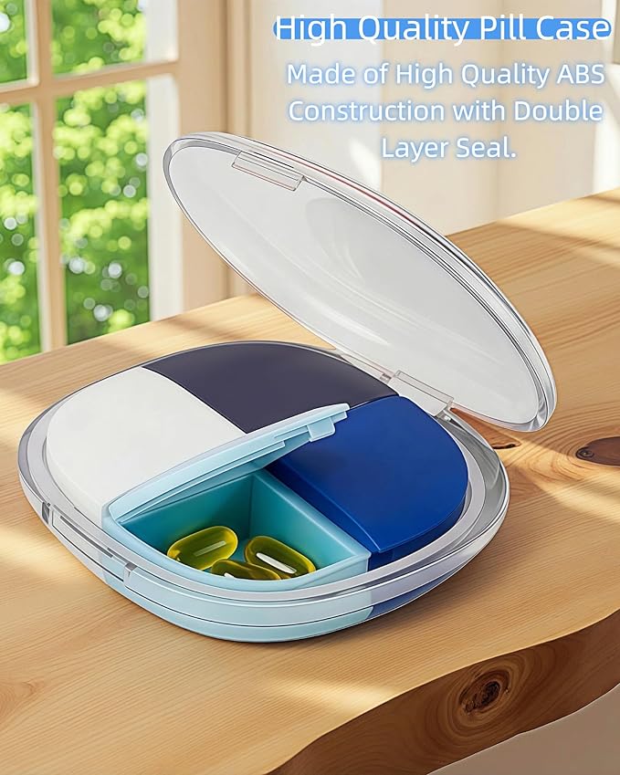 Portable Pill Organizer, Small Pill Case with Pocket 4 Compartments, Travel Pill Box, Pill Container to Hold Vitamin, Fish Oil, Supplement or Jewelry (Blue, 4 Case)