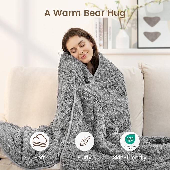 Sherpa Fleece Adult Weighted Blanket Great for Sleep, 15 lbs Dual Sided Soft Fuzzy Heavy Blankets for Couch Bed Sofa, Cozy Warm Fluffy Arched Jacquard Throw for Winter (Grey, 60" x 80", 15 Pounds)