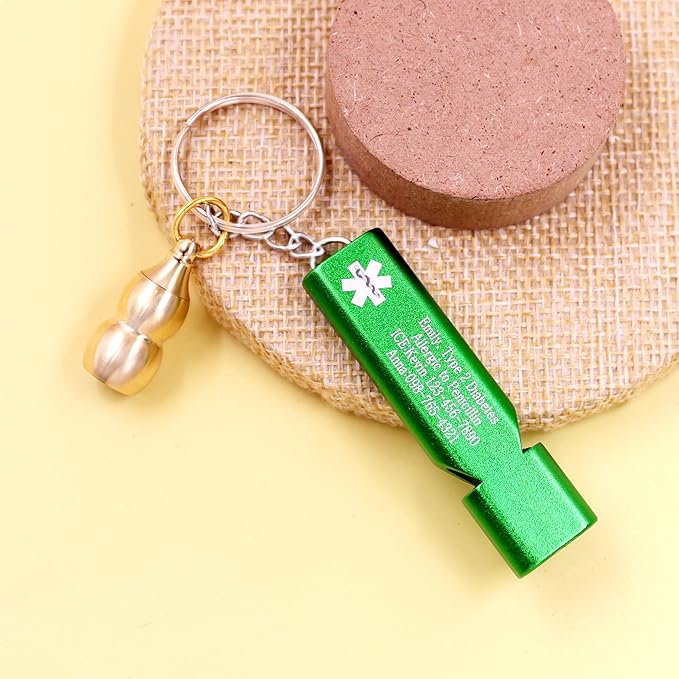No BP/IV Alert Keychain with Green Emergency Whistle – Brass Gourd Pill Storage Case Keychain for Medical Use, Waterproof Design for Hospitals, Travel, and Outdoor Safety