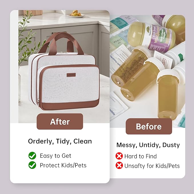 Travel Medicine Organizer Bag, Pill Organizer Case,Carrier for Medications,Vitamins,Fish Oil and Medical Supplies Pill Bottle Organizer and Home Storage Med Bag(Brown)