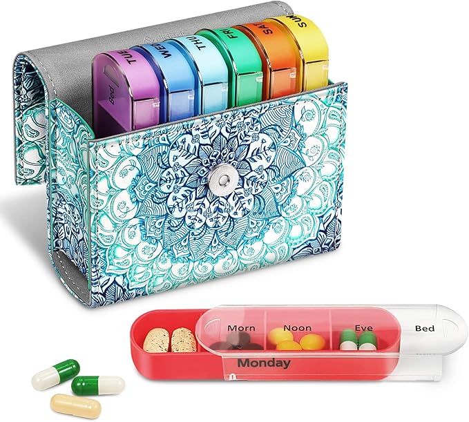 FINPAC Weekly Pill Organizers 4 Times A Day, Slide Open PU Leather Case Travel Pill Vitamin Medicine Reminder and Planner with Name Card for Morning| Afternoon| Evening| Bedtime (Emerald Illusions)