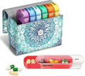 FINPAC Weekly Pill Organizers 4 Times A Day, Slide Open PU Leather Case Travel Pill Vitamin Medicine Reminder and Planner with Name Card for Morning| Afternoon| Evening| Bedtime (Emerald Illusions)