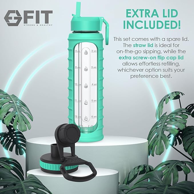 FIT Strong & Healthy 32 oz Glass Water Bottle with Straw Lid - Wide Mouth Borosilicate Glass Water Bottles with Time Marker, Silicone Sleeve & Extra Lid - 1L Large Motivational Drinking Bottle