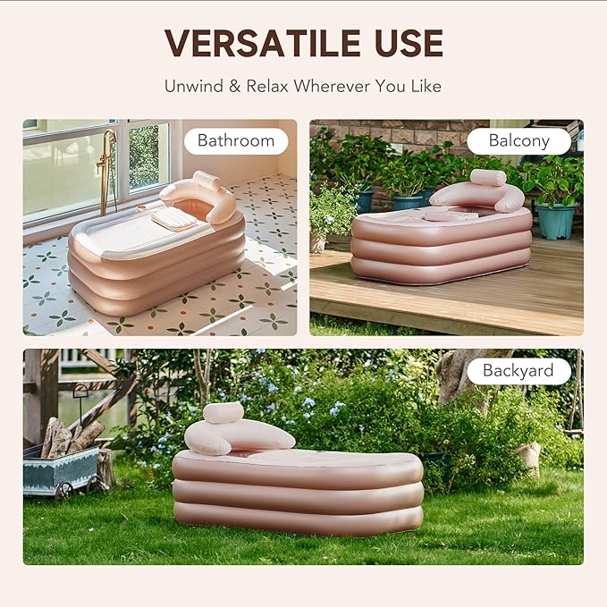 CO-Z Inflatable Bathtub with Electric Air Pump and Bath Pillow Headrest, Portable Blow Up Bath Tub for Adults, Outdoor & Indoor Freestanding Foldable Spa Tub with Cover Drainage Cup Holder,Brown