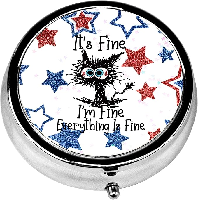 Pill Box, 3 Compartments Small American Star Pill Case Travel Portable Metal Medicine Box with Mirror Mini Container for Purse Pocket Women Men(It's Fine Cat)