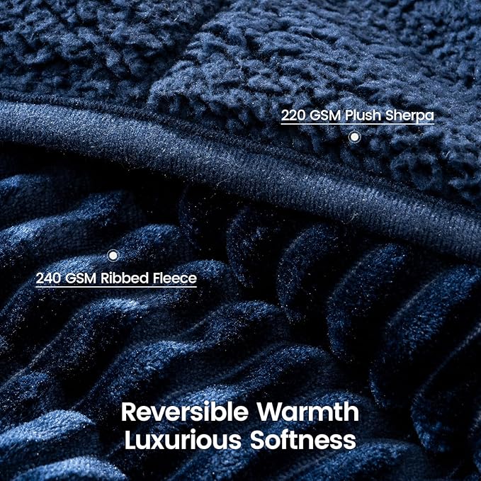 Sherpa Fleece Weighted Blanket with Ribbed Stripes for Adults, 15 lbs Dual Sided Cozy Warm Blanket for Couch Full Size Bed, Glass Beads Heavy Thick Blankets Great for Sleep, Navy Blue, 60" x 80"