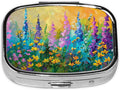 Painting Floral Pill Box-2 Compartment Small Pill Case Square Organizer Case with Mirror Portable Metal Medicine Box Travel Container for Pocket & Purse Women Men（Wildflower）