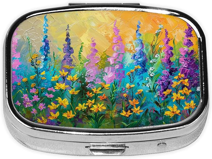 Painting Floral Pill Box-2 Compartment Small Pill Case Square Organizer Case with Mirror Portable Metal Medicine Box Travel Container for Pocket & Purse Women Men（Wildflower）