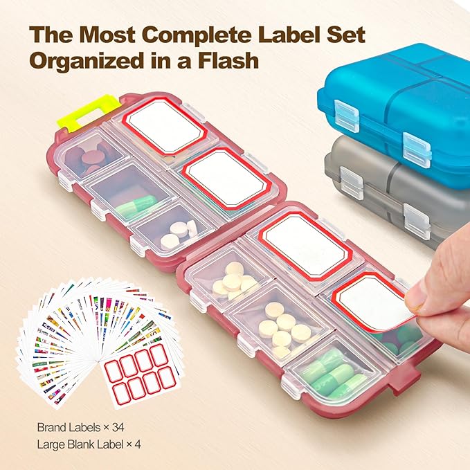Pill Organizer with Medicine Labels, 10 Compartments Travel Pill Box with Removable Labels, Portable Foldable Supplement Box Holder for Fish Oil Vitamin