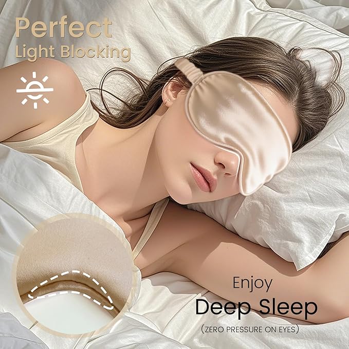 100% Pure Mulberry Silk Eye Mask - 22 Momme Adjustable Strap, Light Blocking, Silk Storage Bag & Gift Box - for Sleep/Travel/Gift, Sensitive Skin Friendly (Champagne)