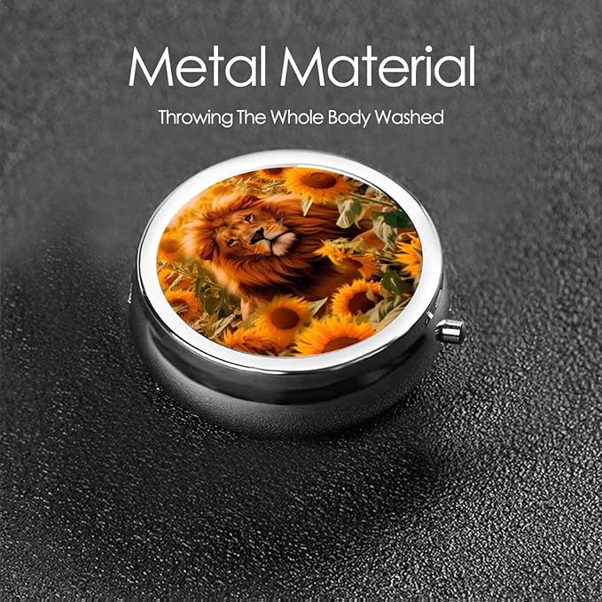 Lion Sunflowers Field Pill Box 3 Compartment Pill Case, Portable Medicine Pill Organizer for Pocket Purse Pill Box Decorative Metal Medicine Vitamin Organizer