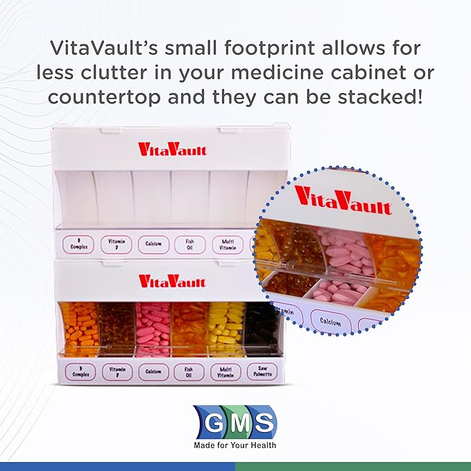 VitaVault Six Compartment Pill Organizer for Medication,s Vitamins, and Supplements with Filler Funnel