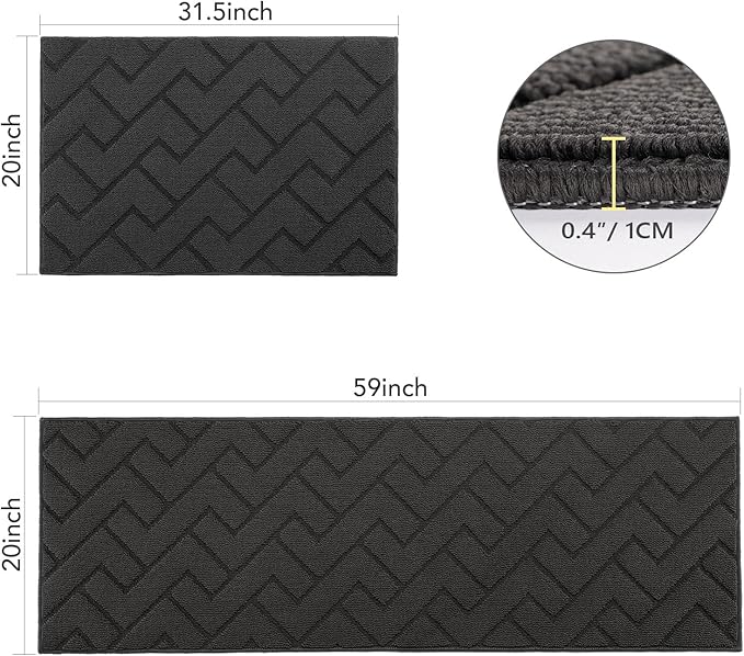 hicorfe Kitchen Rugs and Mats Sets,2 Pieces Super Absorbent Polypropylene Non-Slip Rug,Soft Comfort Floor Mat,Machine Wash for Kitchen,Hallway,Office,Sink,Laundry(20" x 32"+20" x 59",Charcoal)