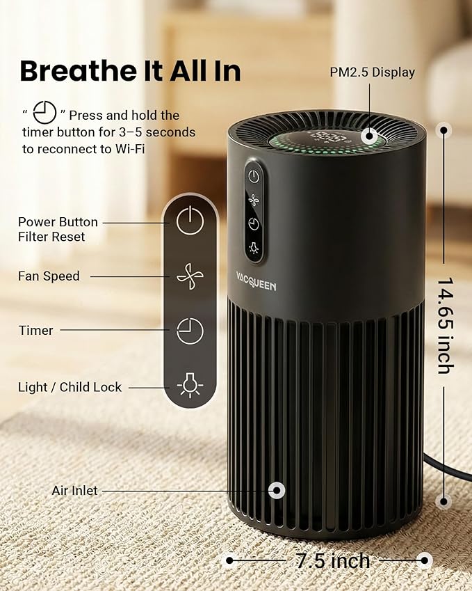 Air Purifiers for Bedroom, Smart WiFi HEPA Air Purifier for Home Pets, Timer and Alexa Control, Cover 1800 Ft², PM2.5 Monitor, Sleep Mode, Washable Filter Air Cleaner for Pet Hair Odors Smoke Dust