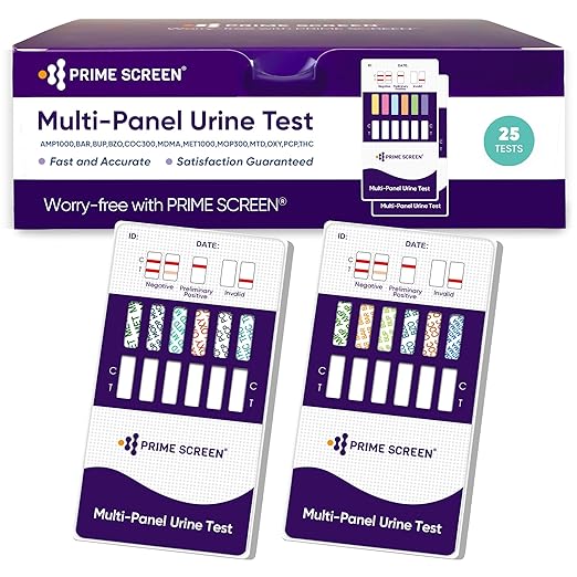 Prime Screen Drug Test 12 Panel Kits (AMP/BAR/BUP/BZO/COC/MET/MDMA/MTD/OPI/OXY/PCP/THC) - Self Check Highly Sensitive Urine Dip Testing - WDOA-6125 (25 Pack)