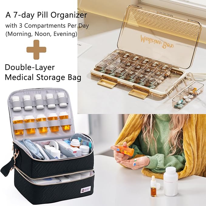 BAGSFY Travel Medicine Bag Organizer with 7-Day Pill Organizer, AM & PM Pill Box, Medication Storage, First Aid Kit Case