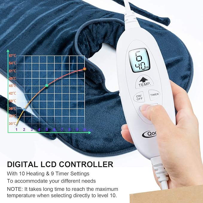 Qoosea Electric Heating Pad for Neck and Shoulders Back Relaxing 24'' x 39'' XL Weighted Heat Wrap with Fast-Heating 10 Heat Settings 9 Timer Settings Auto Shut Off Available Machine Washable Warm
