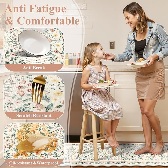 Yamaziot Anti Fatigue Kitchen Rugs Set of 3 - Boho Non Slip Waterproof Kitchen Mats for Floor, Boho Runner Rug for Kitchen Floor, Laundry, Desk, Office, 17.3"x29"+17.3"x35"+17"x47.3", Beige & Pink