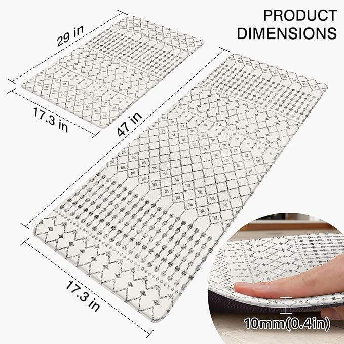 Anti Fatigue Kitchen Rugs Set of 2, Boho Kitchen Mats for Floor, Boho Kitchen Decor, Anti-Slip and Anti-Fatigue Foam Standing Mat,17x30 inch Sink Mat+17x47 inch Runner Rug White
