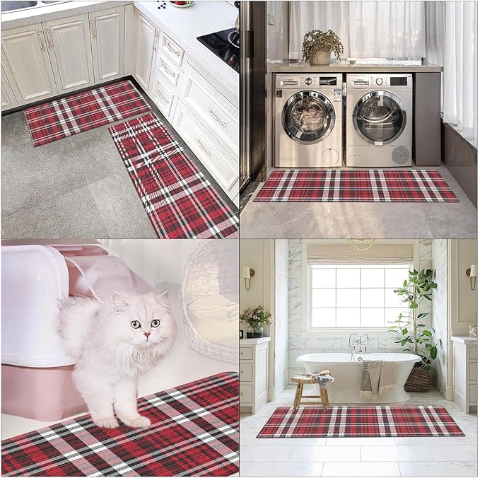 Arttown Red Anti-Fatigue Kitchen Rug Set of 2 Plaid Cushioned Floor Standing Mat Waterproof Non-Slip Mat and PVC Ergonomic Comfort Foam Rug
