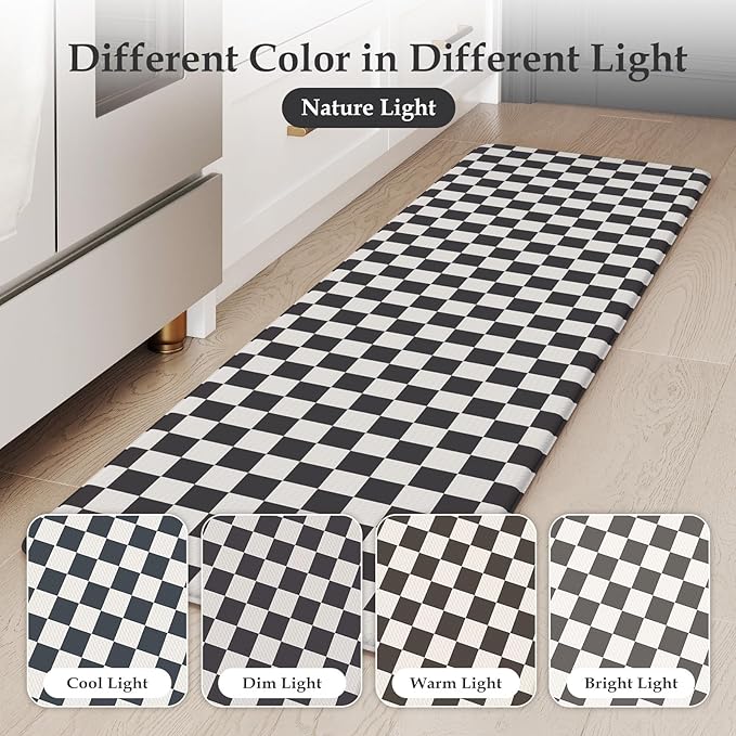 KIMODE Anti Fatigue Kitchen Mats for Floor, Black and White Plaid Kitchen Rugs Sets of 2, Cushioned Kitchen Floor Mats, Non Slip Standing Desk Mat for Sink Laundry Office Desk 20"x47"+20"x32"