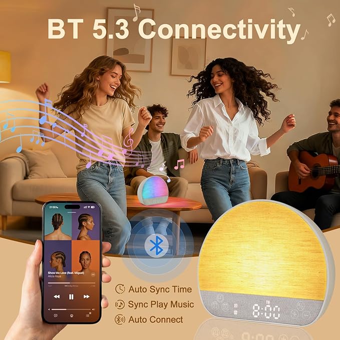 Sunrise Alarm Clock Wake Up Light for Heavy Sleeper, White Noise Sound Machine 37 Sounds, Bluetooth Speaker, Tap Snooze, Remote Control, USB Port, 15 Color Dimmable NightLight for Bedroom