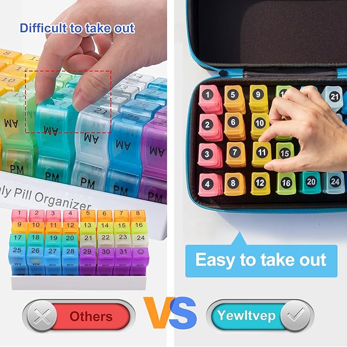 Yewltvep Monthly Pill Organizer 4 Times a Day, Pill Box Organizer with 32 Daily Compartments, 30 Day Pill Organizer 4 Times a Day Pill Holder with Hard Shell Travel Case+Weekly Pill Bag 4 Times a Day
