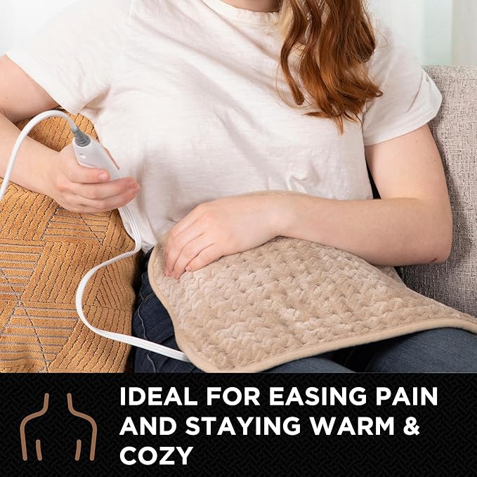 Brookstone Herringbone Portable Heating Pad - Super Soft Plush, 6 Heat Settings, Machine Washable, Easy-to-Use Controller, 16'' x 12'' for Pain Relief, Period Cramps, Warmth (Taupe)