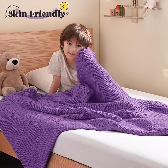 Guohaoi Knitted Weighted Blanket Kids (Purple 50"x60" 7lbs) No Beads Cooling Heavy Blanket, Home Decor Breathable Chunky Knit Throw Blanket for All-Season Use