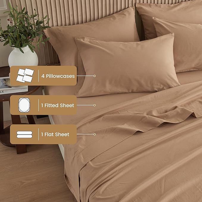 Simple&Opulence Belgian Linen Sheet Set Solid Color - 6 Pieces (1 Flat Sheet & 1 Fitted Sheet & 4 Pillowcases) 16" Deep Pocket Natural Flax Cotton Blended Soft Bedding - Clay, Queen Size
