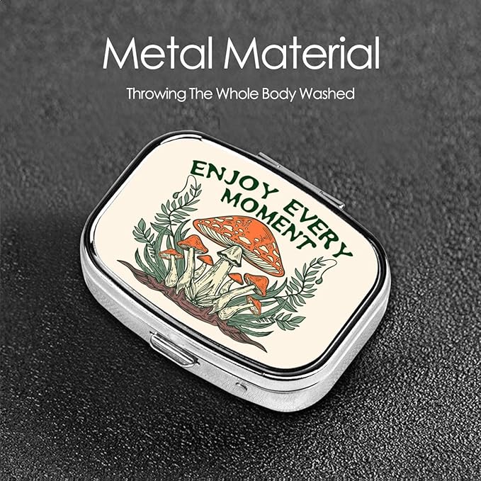 Enjoy Every Moment Magic Mushrooms Forest Metal Iron Plating Square Pill Box 2 Compartment Medicine Pill Case Mini Medicine Vitamin Pillbox Portable Pills Organizer Storage Box for Purse