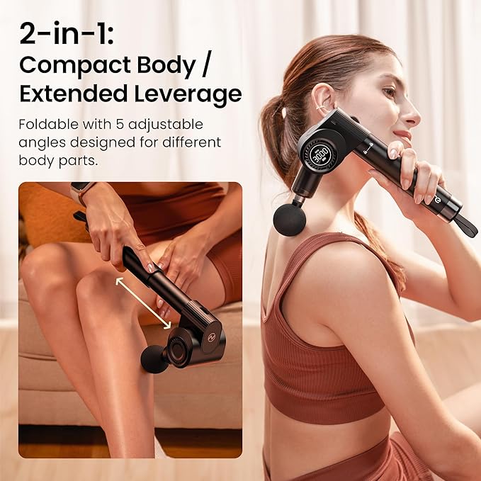 NAPRE Foldable Massage Gun Deep Tissue with 5 Adjustable Angles,Portable Handheld Percussion Back Massager for Muscle/Neck/Body Pain Relief with Long Extension Metal Handle,32-Speeds,with Carry Case