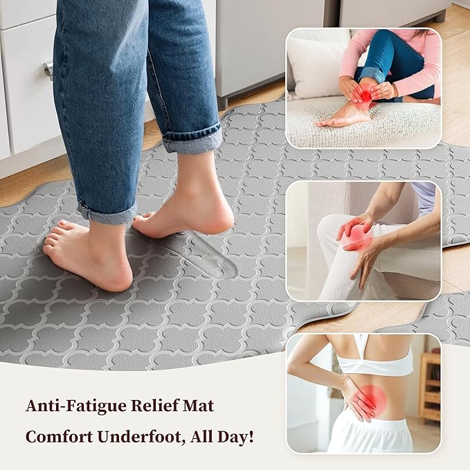 Upgrade Scalloped Embossed Kitchen Mats for Floor 2PCS Cushioned Anti Fatigue Waterproof Foam Kitchen Rugs Non Slip Washable Comfort Standing Mat for Sink Laundry, 17.3"x30"+17.3"x59", Grey