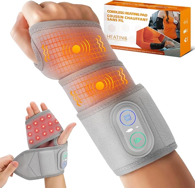 Cordless Wrist Heating Pad Wrap, Heated Wrist Brace with Vibration, Heated Wrist and Hand Massager, 3 Heat Levels, 3 Massage, Rechargeable Heating Pad for Wrist and Hand, Elbow, Ankle