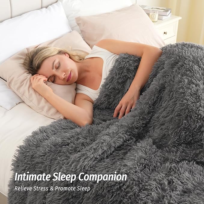 Wemore Shaggy Long Fur Faux Fur Weighted Blanket, Cozy and Fluffy Plush Sherpa Long Hair Blanket for Adult 20lbs, Fluffy Fuzzy Sherpa Reverse Heavy Blanket for Bed, Couch, Grey, 60 x 80 Inches