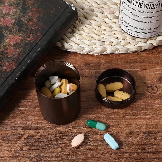 Portable Metal Small Pill Case, Round Aluminium Alloy Pill Holder Pocket Small Pill Box Waterproof Medicine Organizer Bottle Container for Travel Outdoor Vitamin Fish Oils (Brown)