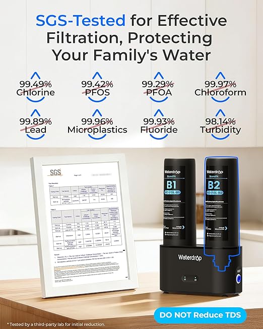Waterdrop DLA Under Sink Water Filter, No Drilling Required, Reduces Chlorine, PFAS, Bad Taste/Odor, Under Sink Water Filtration System, Filter Life Indicator, 2 Stage, Quick Change