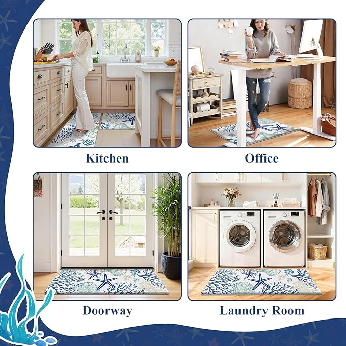 SHACOS Coastal Kitchen Rugs Set of 2 Anti-Fatigue Kitchen Mats Summer Cushioned Mats with Sea Themed White Blue Starfish Shell Coral Tropical Fish 17x27.5+17x47, Coastal Beach