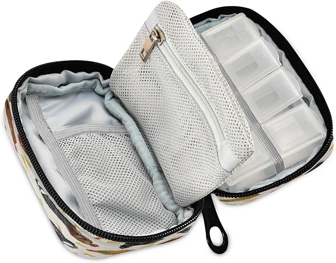 Hens Roosters Chickens Set Pill Organizer Case 7 Day Rustic Travel Pill Box with Zipper Portable Small Weekly Vitamin Medicine Supplement Holder Pouch Bag