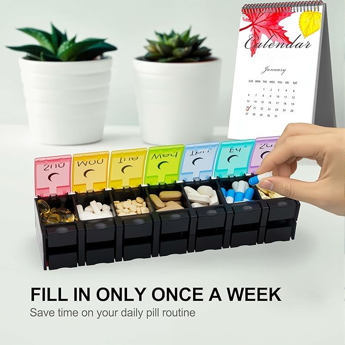 XL Large AM/PM Weekly Pill Organizer Arthritis Friendly, 2 Times a Day Pill Box with Spring Open Design, 7 Day Vitamin Case with Push Button Compartments