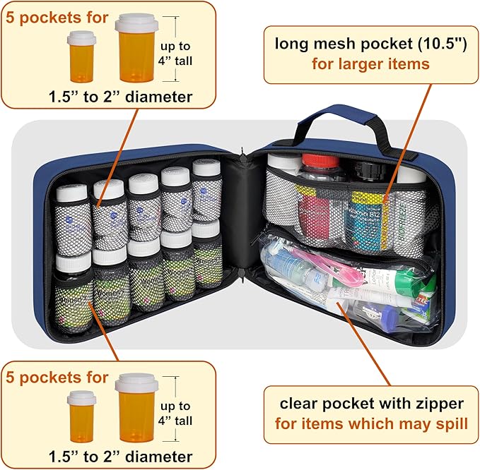 Large Pill Bottle Organizer - 10 Pockets Medicine Bag for Travel & Home Storage - Blue
