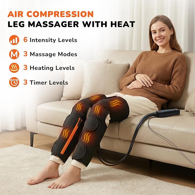 Air Compression Leg Massager with Heat : Calf, Knees & Thigh Recovery Compression System for Pain Relief & Circulation - Sequential Massager with 3 Heat,3 Modes & 6 Intensities for Daily Use